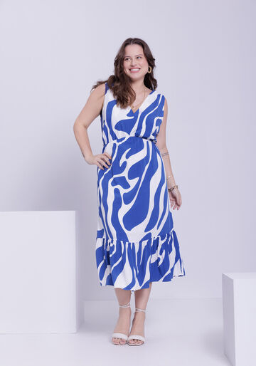 Vestido Midi Plus Size em Viscose com Estampa Geométrica, MENTA AZUL. Vestido Midi Plus Size em Viscose com Estampa Geométrica, MENTA AZUL, large.