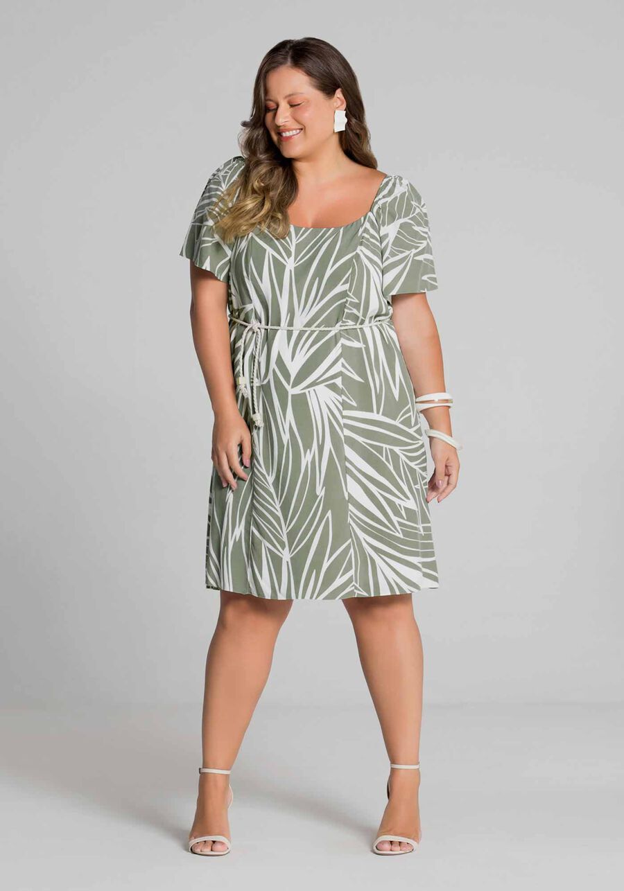 Vestido Plus Size Curto Estampado com Cinto, VERDE MINERAL. Vestido Plus Size Curto Estampado com Cinto, VERDE MINERAL, large.
