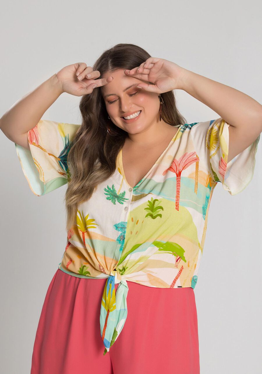 Camisa Estampada com Amarração Plus Size, . Camisa Estampada com Amarração Plus Size, , large.