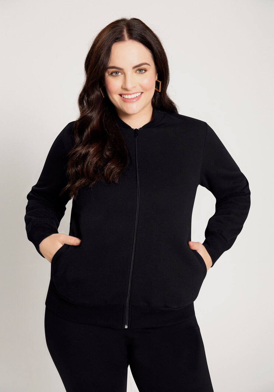 Jaqueta Plus Size Em Moletom Felpado De Algodão Com Zíper, . Jaqueta Plus Size Em Moletom Felpado De Algodão Com Zíper, , large.