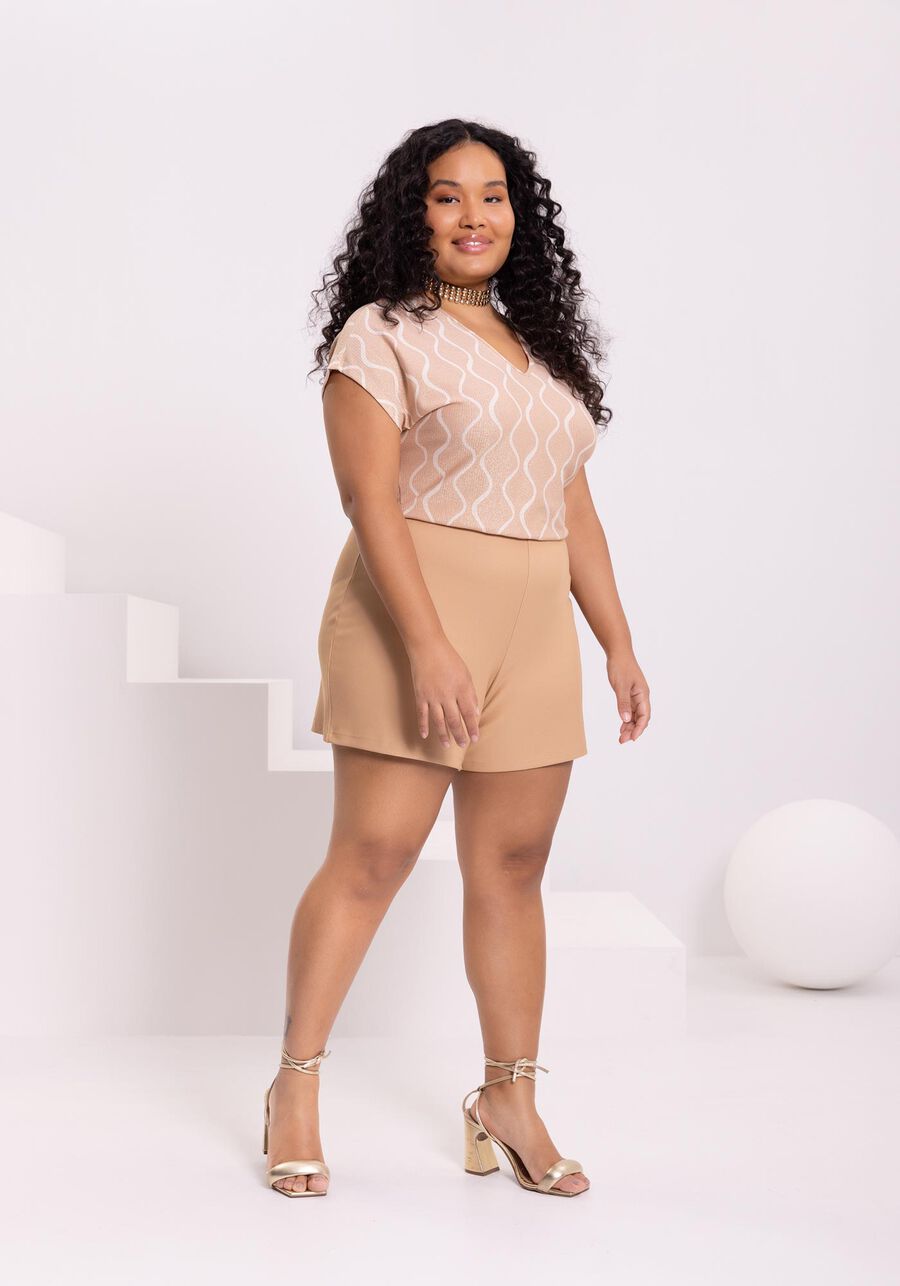 Macaquinho De Mangas Curtas Com Decote V Em Malha Com Lurex, SIMPLICIDADE MARROM. Macaquinho De Mangas Curtas Com Decote V Em Malha Com Lurex, SIMPLICIDADE MARROM, large.