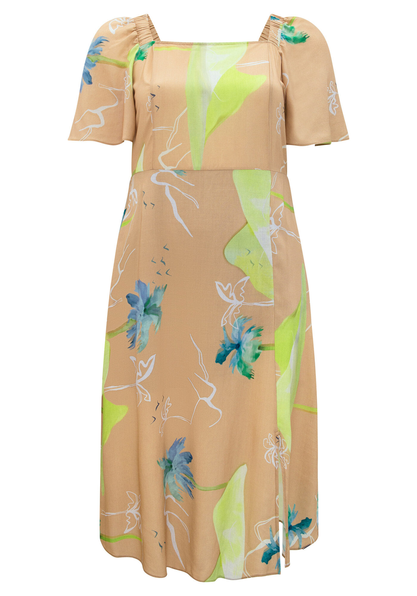 Vestido Midi Estampado Com Manga Flare E Decote Reto, , large.