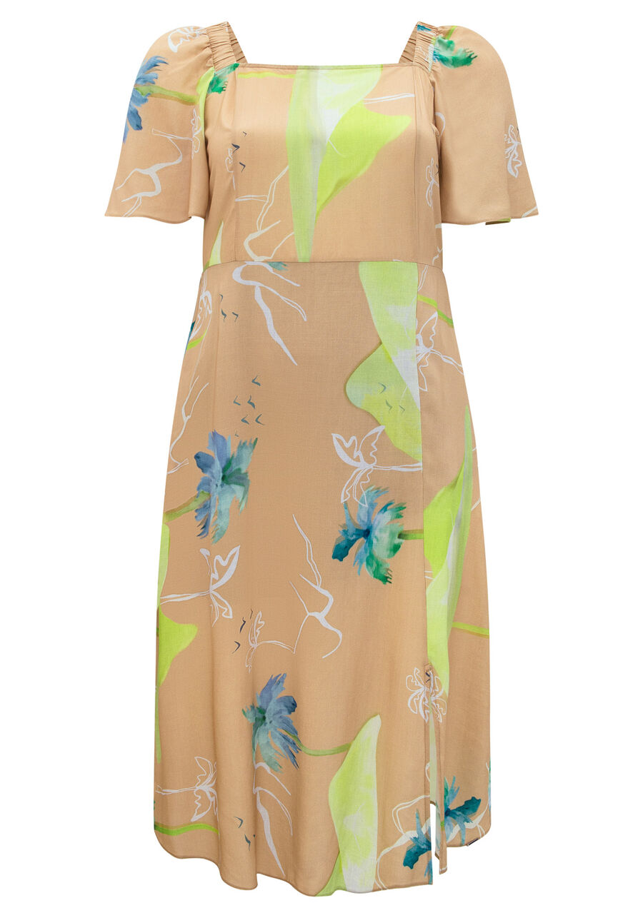 Vestido Midi Estampado Com Manga Flare E Decote Reto, ESPERANCA VERDE. Vestido Midi Estampado Com Manga Flare E Decote Reto, ESPERANCA VERDE, large.