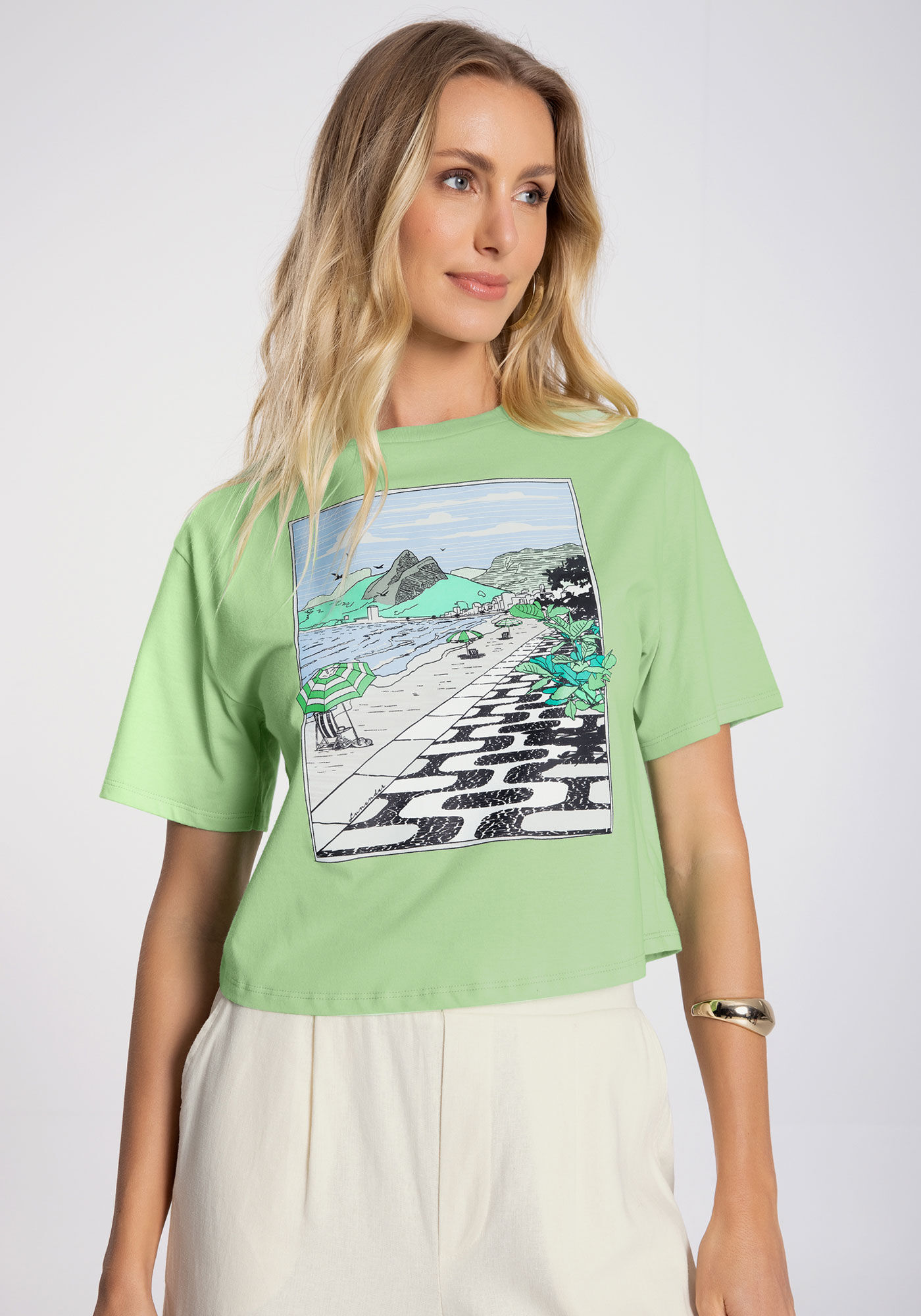 T-shirt Cropped em Malha com Estampa Rio, , large.