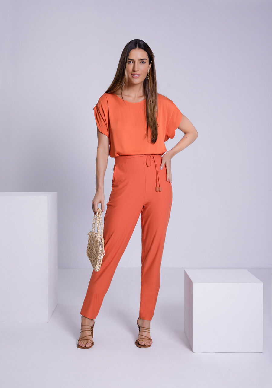 Body em Tecido Plano com Franzido Manga, LARANJA RUSTY. Body em Tecido Plano com Franzido Manga, LARANJA RUSTY, large.