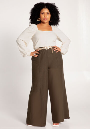 Blusa Plus Size em Malha com Mangas Bufantes, BRANCO OFF WHITE. Blusa Plus Size em Malha com Mangas Bufantes, BRANCO OFF WHITE, large.