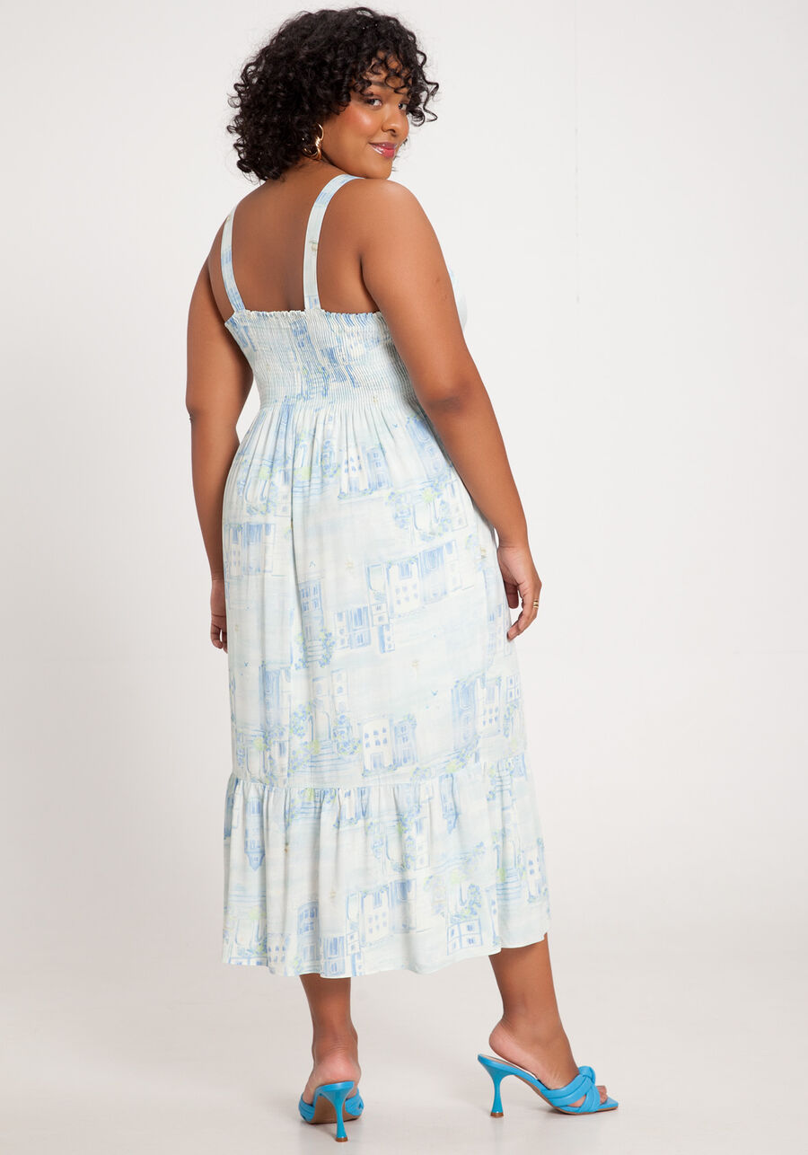 Vestido Midi Plus Size Estampado com Babado, ACORES AZUL, large.