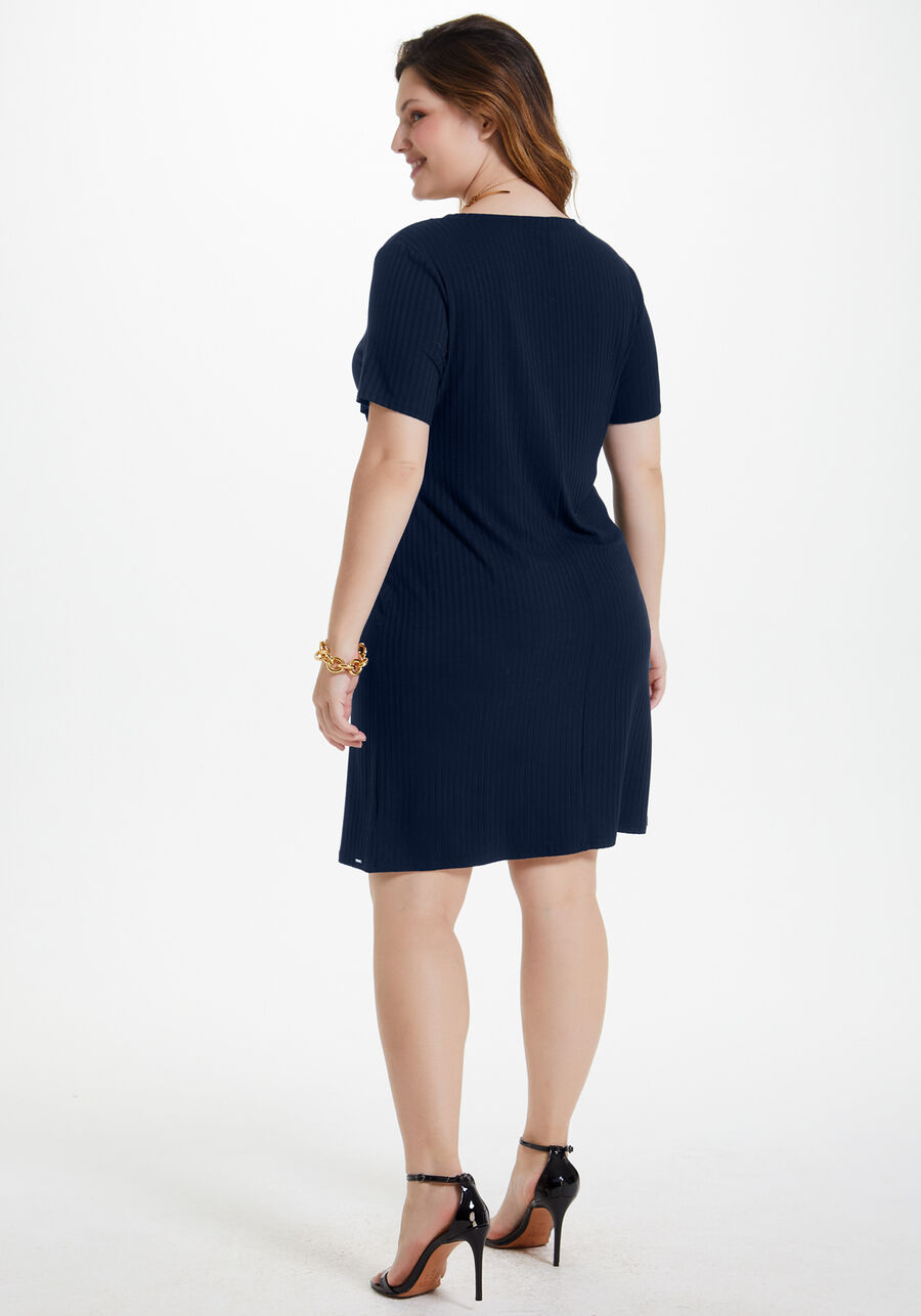 Vestido Curto Em Malha Canelada Com Decote Em V, PRETO REATIVO. Vestido Curto Em Malha Canelada Com Decote Em V, PRETO REATIVO, large.