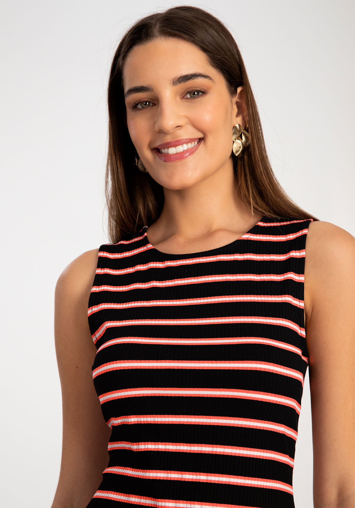 Vestido Curto Canelado Listrado, SALMAO BRIGHT CORAL, large.