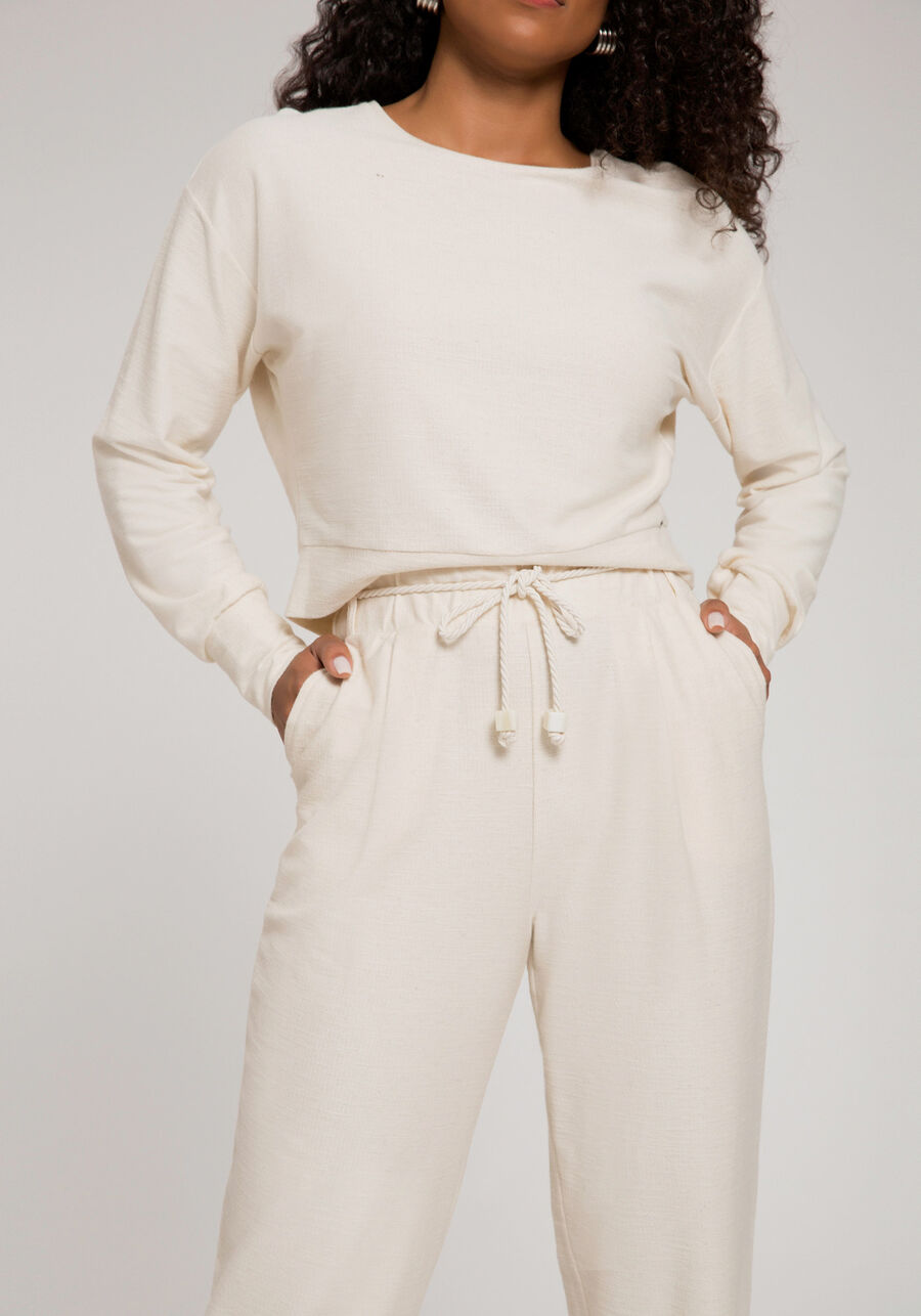 Conjunto Blusa Cropped e Calça Jogging em Malha Lino, BRANCO OFF WHITE. Conjunto Blusa Cropped e Calça Jogging em Malha Lino, BRANCO OFF WHITE, large.