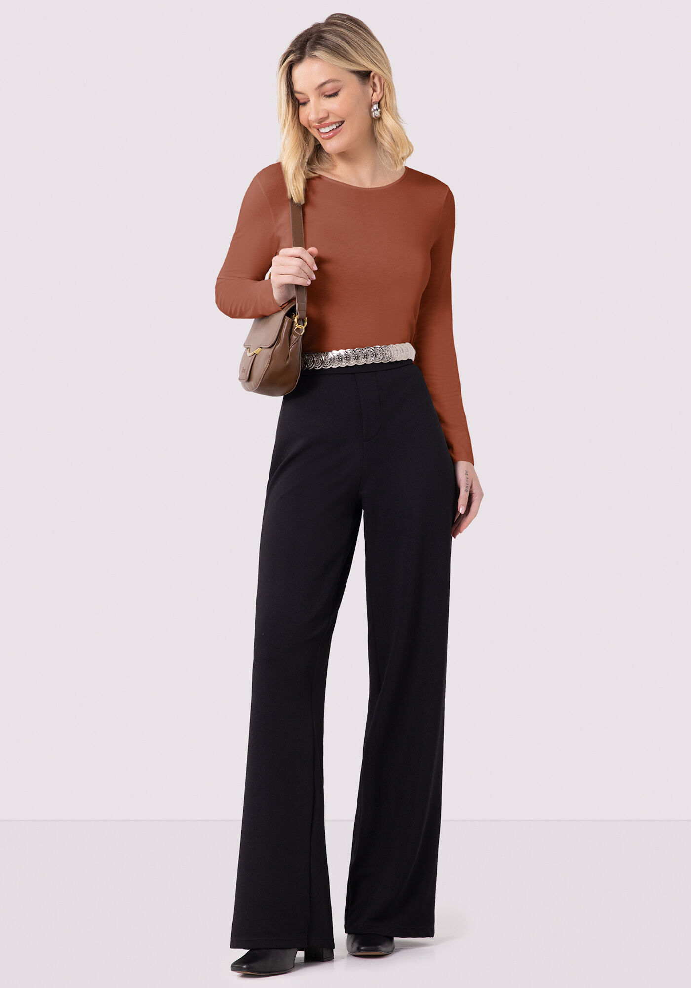 Blusa B&aacute;sica De Mangas Longas Em Malha Com Elastano, , large.