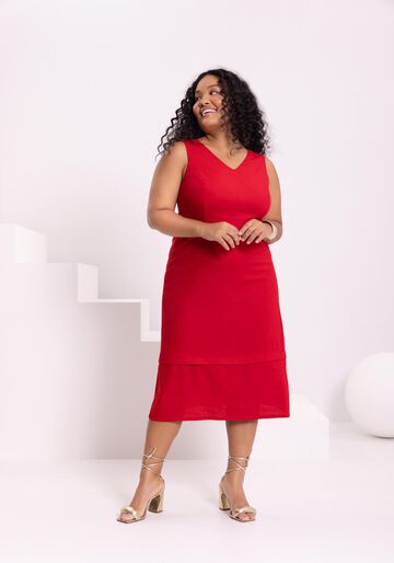 Vestido Midi Chá Com Alças Largas E Decote Em V Tecido Linho, VERMELHO STRAWBERRY. Vestido Midi Chá Com Alças Largas E Decote Em V Tecido Linho, VERMELHO STRAWBERRY, large.