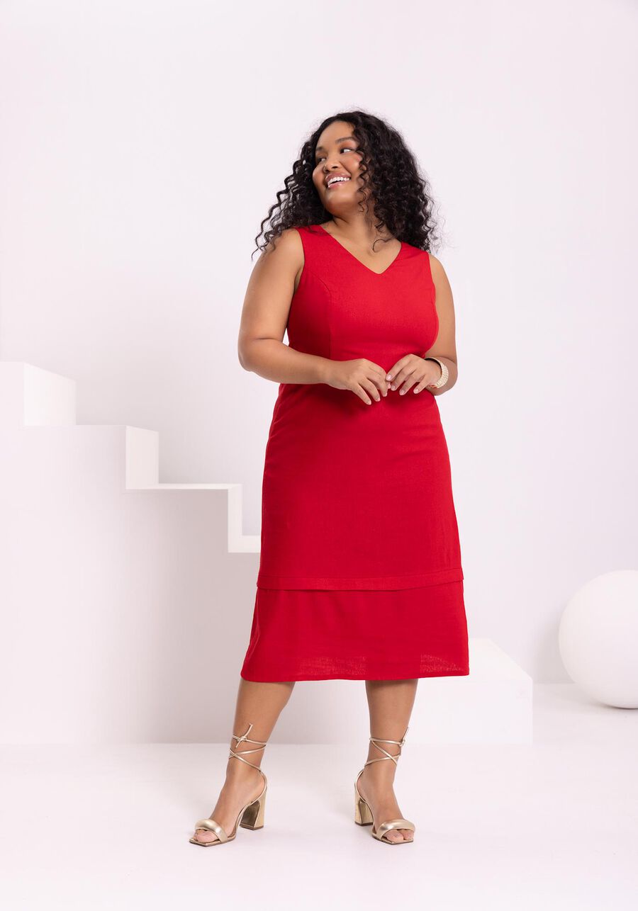 Vestido Midi Chá Com Alças Largas E Decote Em V Tecido Linho, . Vestido Midi Chá Com Alças Largas E Decote Em V Tecido Linho, , large.