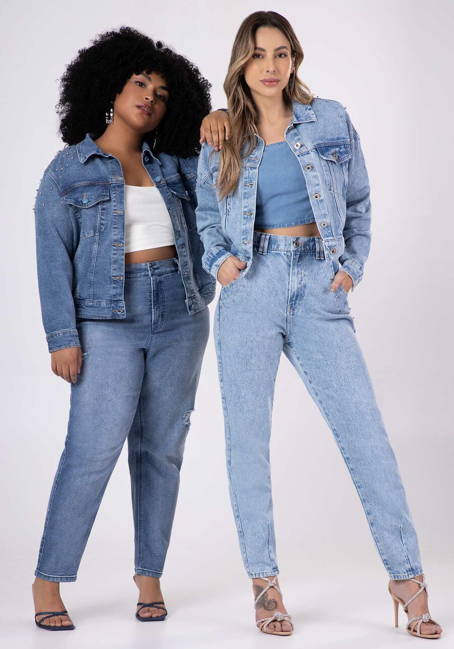 Jaqueta Cropped Jeans Plus Size com Brilho, , large.