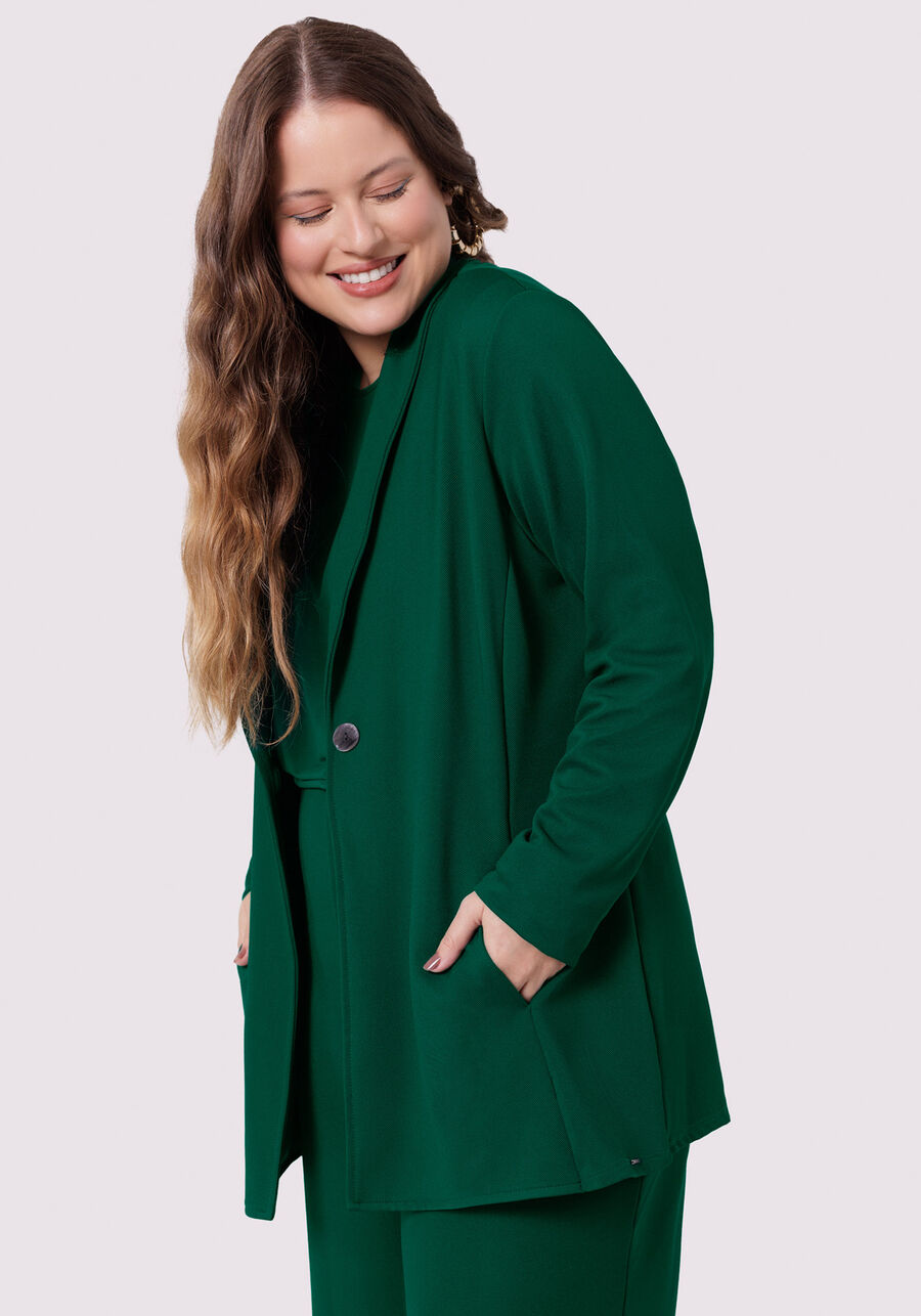 Casaco Alongado Plus Size em Malha Alfaiataria, VERDE ARABESQUE. Casaco Alongado Plus Size em Malha Alfaiataria, VERDE ARABESQUE, large.