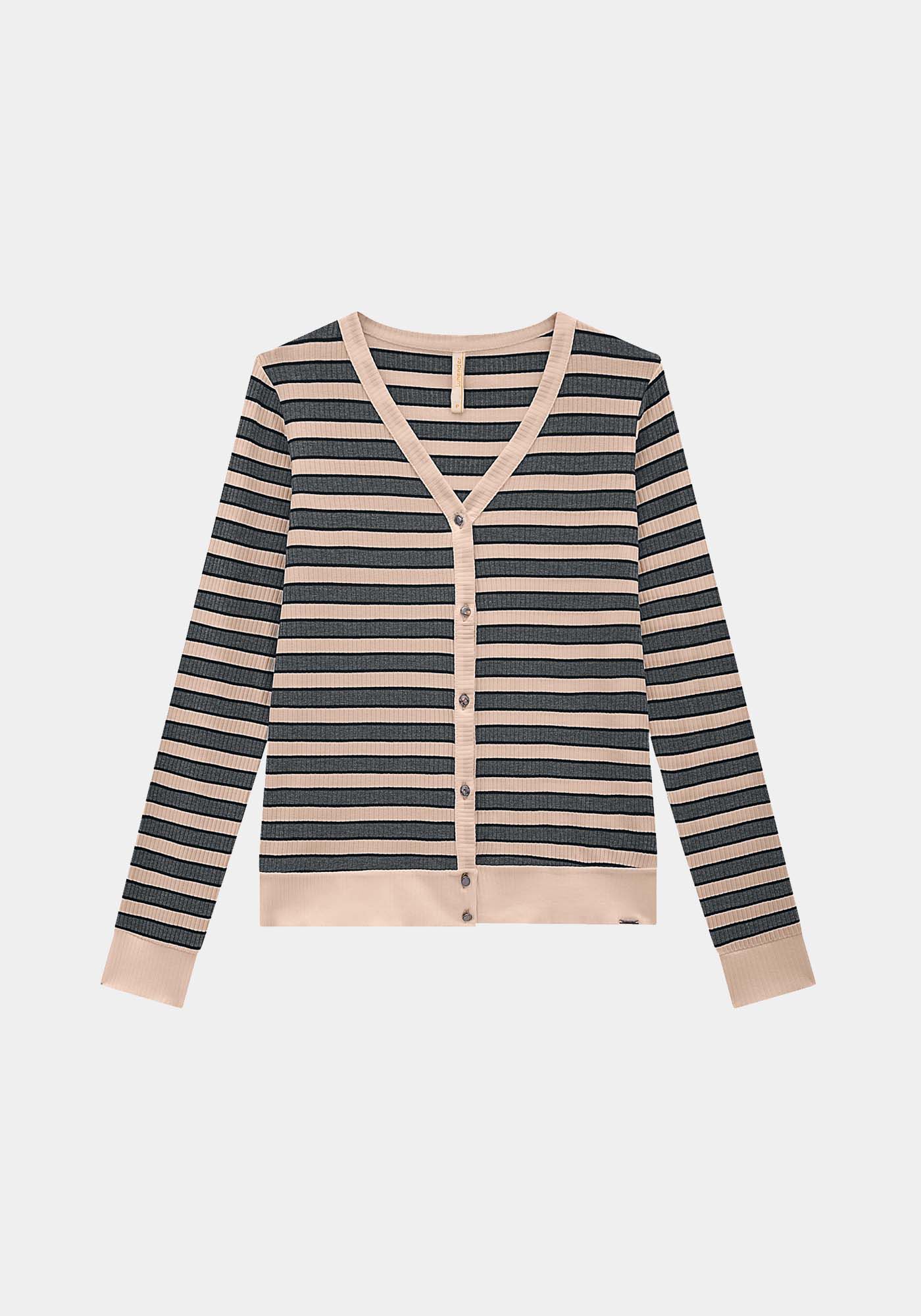 Cardigan Canelado Listrado com Decote V, , large.