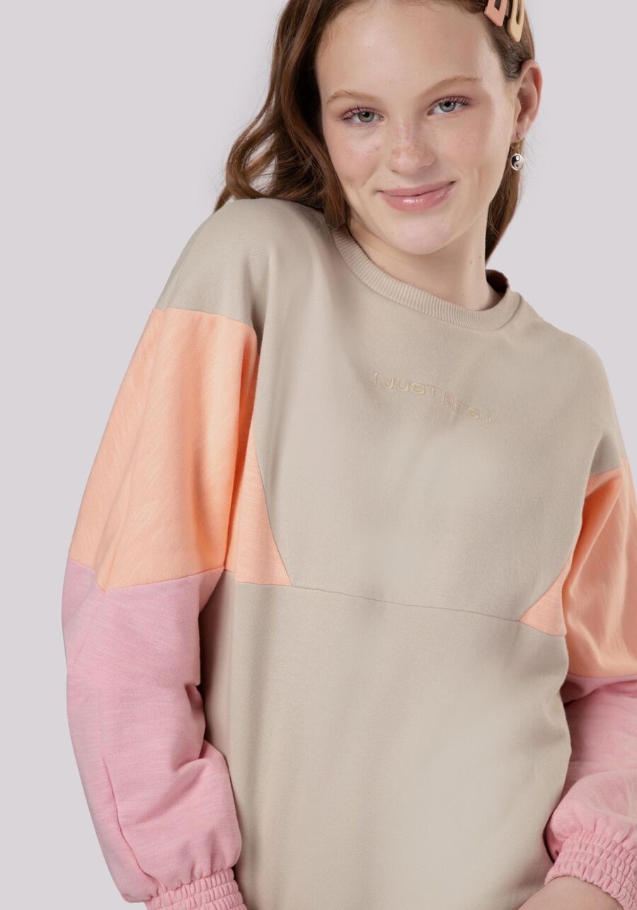 Blusão Juvenil em Moletom com Recortes, BEGE SYSTEM. Blusão Juvenil em Moletom com Recortes, BEGE SYSTEM, large.