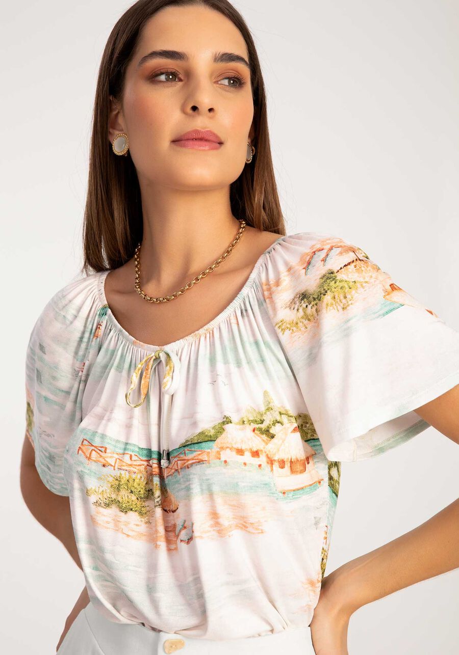 Blusa Ombro a Ombro em Malha Viscose Estampada, BORA BORA OFF. Blusa Ombro a Ombro em Malha Viscose Estampada, BORA BORA OFF, large.