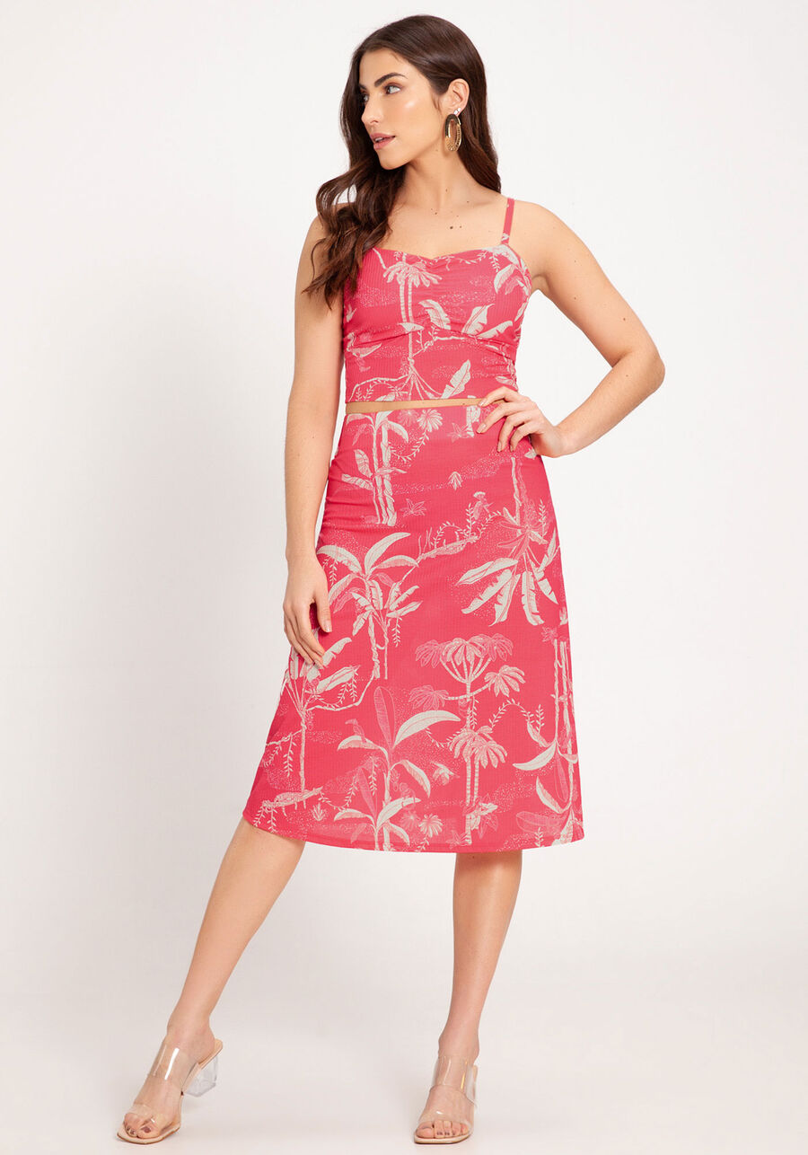 Saia Midi Canelada Estampada com Cintura Alta, BAHIA ROSA. Saia Midi Canelada Estampada com Cintura Alta, BAHIA ROSA, large.