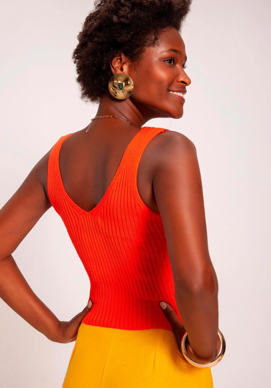 Blusa em Tricô Canelado com Decote V, LARANJA MAMAO. Blusa em Tricô Canelado com Decote V, LARANJA MAMAO, large.