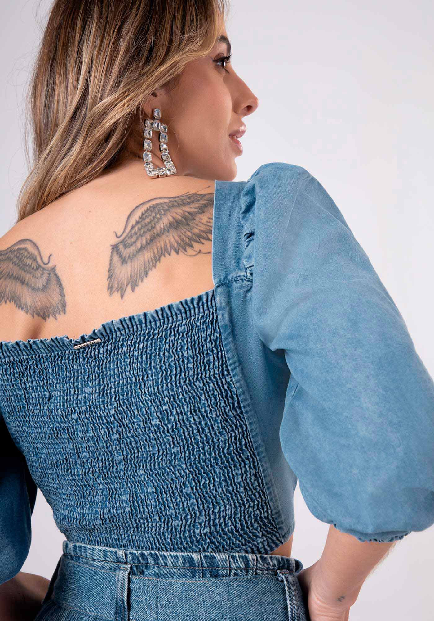 Top Cropped Jeans com Mangas Bufantes, JEANS, large.