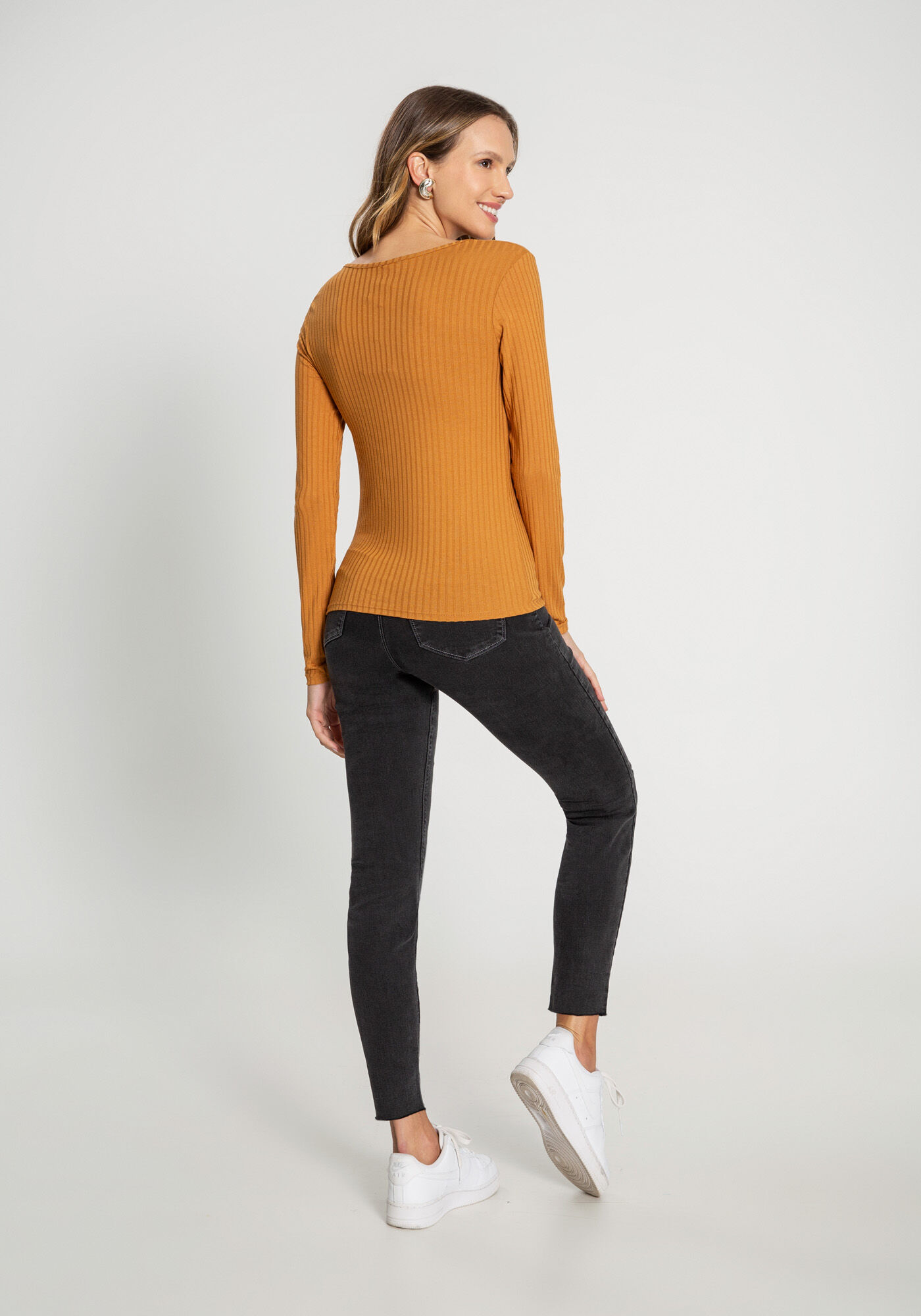 Blusa De Malha Canelada Com Mangas Longas E Decote Em V, , large.