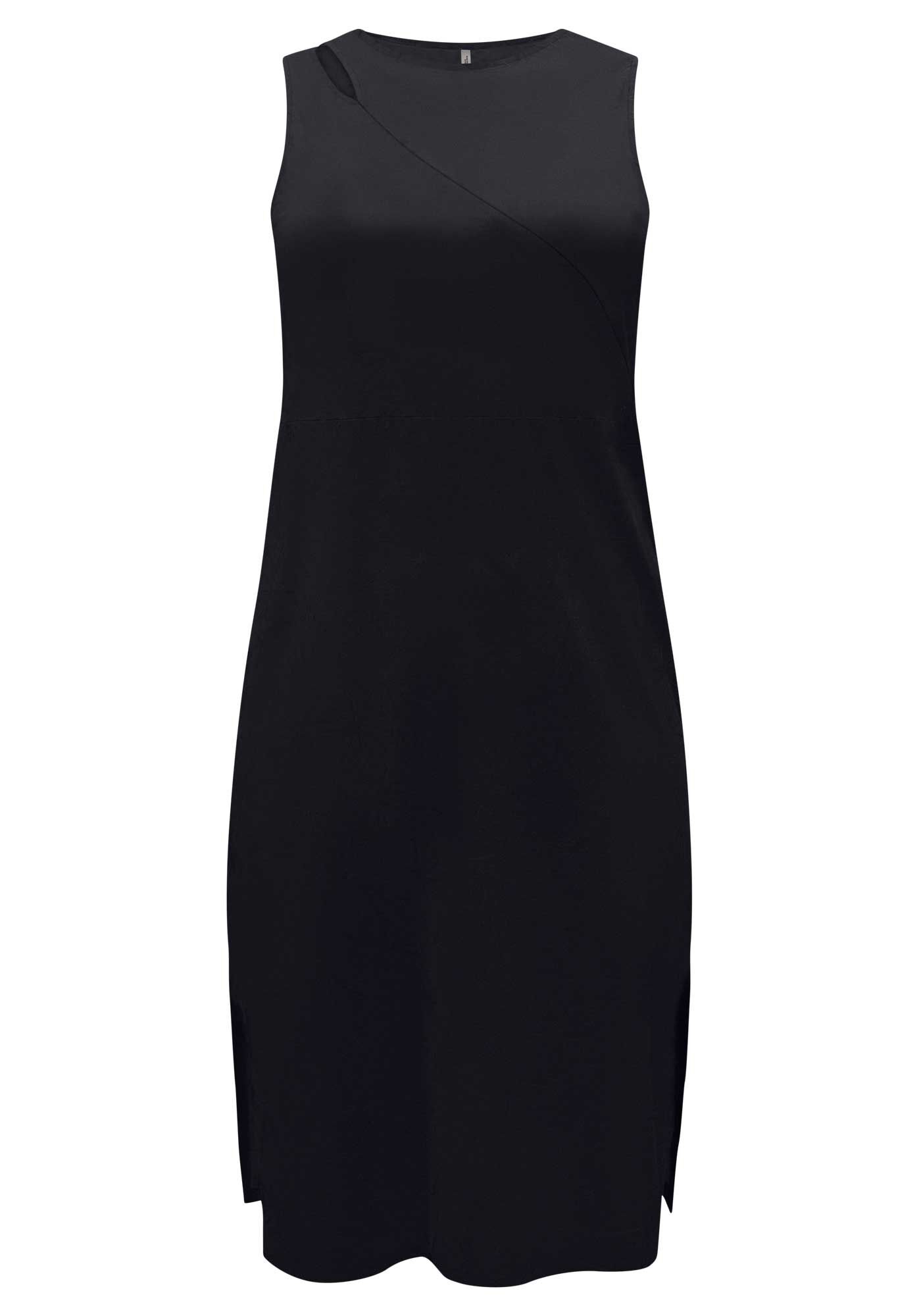 Vestido Midi Sem Mangas Com Recorte No Ombro Em Malha Crepe, PRETO, large.