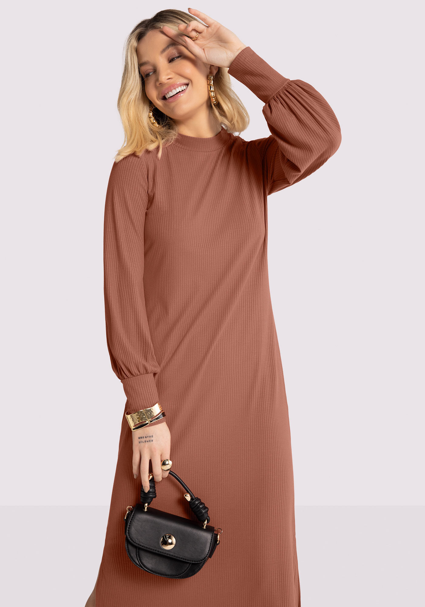 Vestido Midi Canelado com Manga Bufante, MARROM CHUTNEY, large.