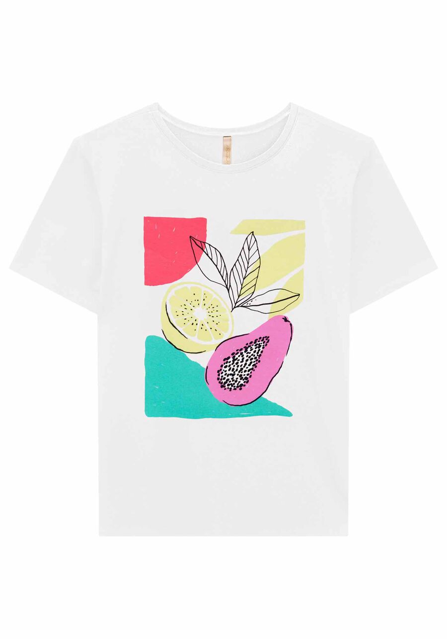 T-Shirt Viscose Estampa Frutas, BRANCO, large.