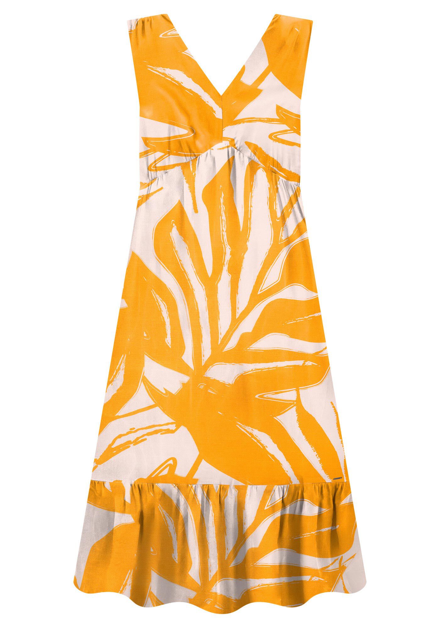 Vestido Midi Plus Size em Viscose com Estampa Geom&eacute;trica, ERVA DOCE AMARELO, large.