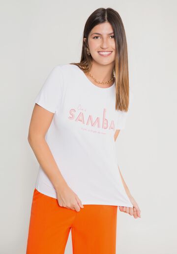T-shirt Slim em Malha com Estampa Samba, BRANCO, large.
