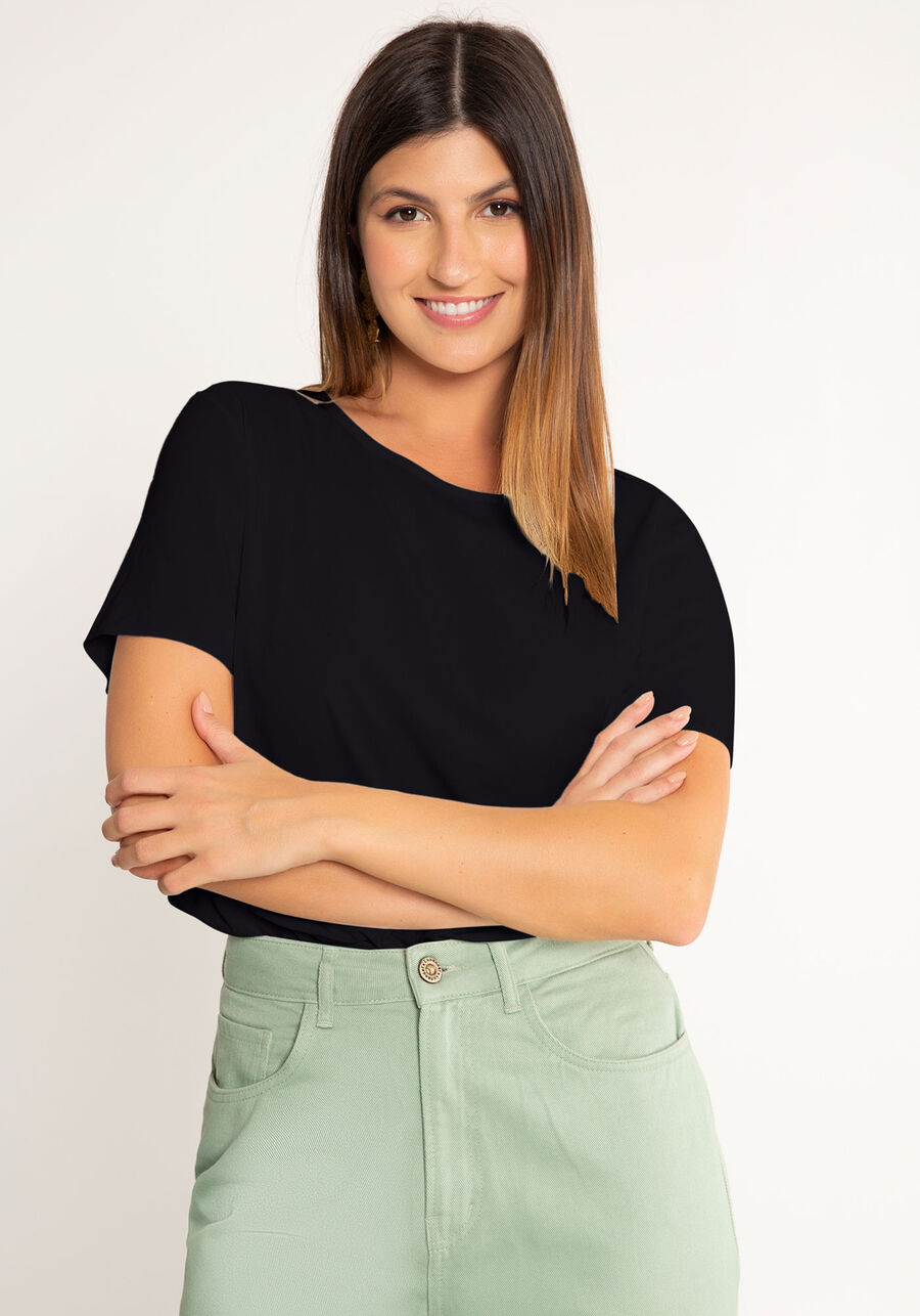 Blusa Lisa Básica De Mangas Curtas Em Tecido Leve, . Blusa Lisa Básica De Mangas Curtas Em Tecido Leve, , large.