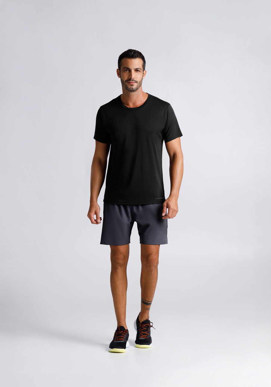 Camiseta Reta Básica De Mangas Curtas Em Malha De Poliamida, PRETO REATIVO. Camiseta Reta Básica De Mangas Curtas Em Malha De Poliamida, PRETO REATIVO, large.