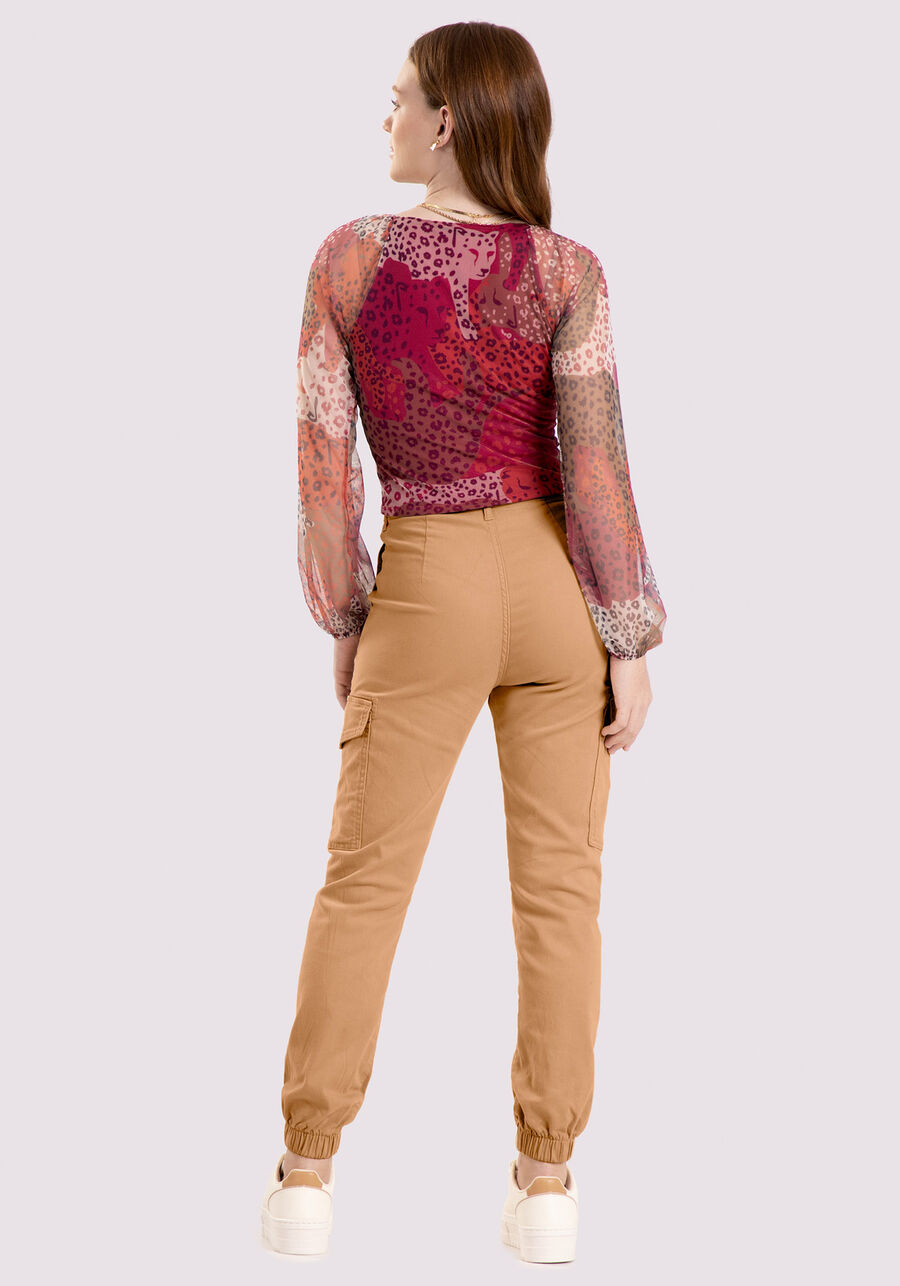 Blusa Cropped Juvenil Estampada com Mangas Tule, JUNGLE VERMELHO. Blusa Cropped Juvenil Estampada com Mangas Tule, JUNGLE VERMELHO, large.