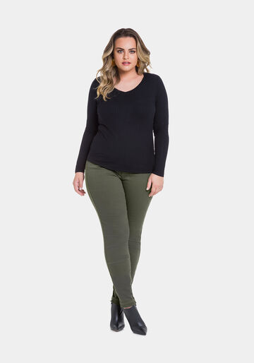 Blusa Canelada Com Mangas Longas E Decote Em V Plus Size, PRETO REATIVO. Blusa Canelada Com Mangas Longas E Decote Em V Plus Size, PRETO REATIVO, large.