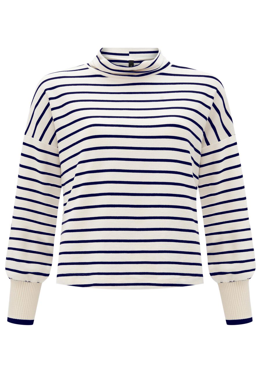 Blusão Listrado Com Gola Alta E Punhos Em Retilínea, MARINHO ACTION. Blusão Listrado Com Gola Alta E Punhos Em Retilínea, MARINHO ACTION, large.