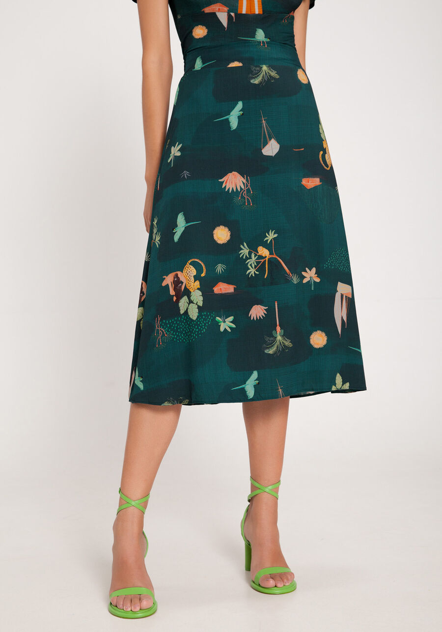 Saia Midi em Viscose Estampada, ORIGENS VERDE. Saia Midi em Viscose Estampada, ORIGENS VERDE, large.