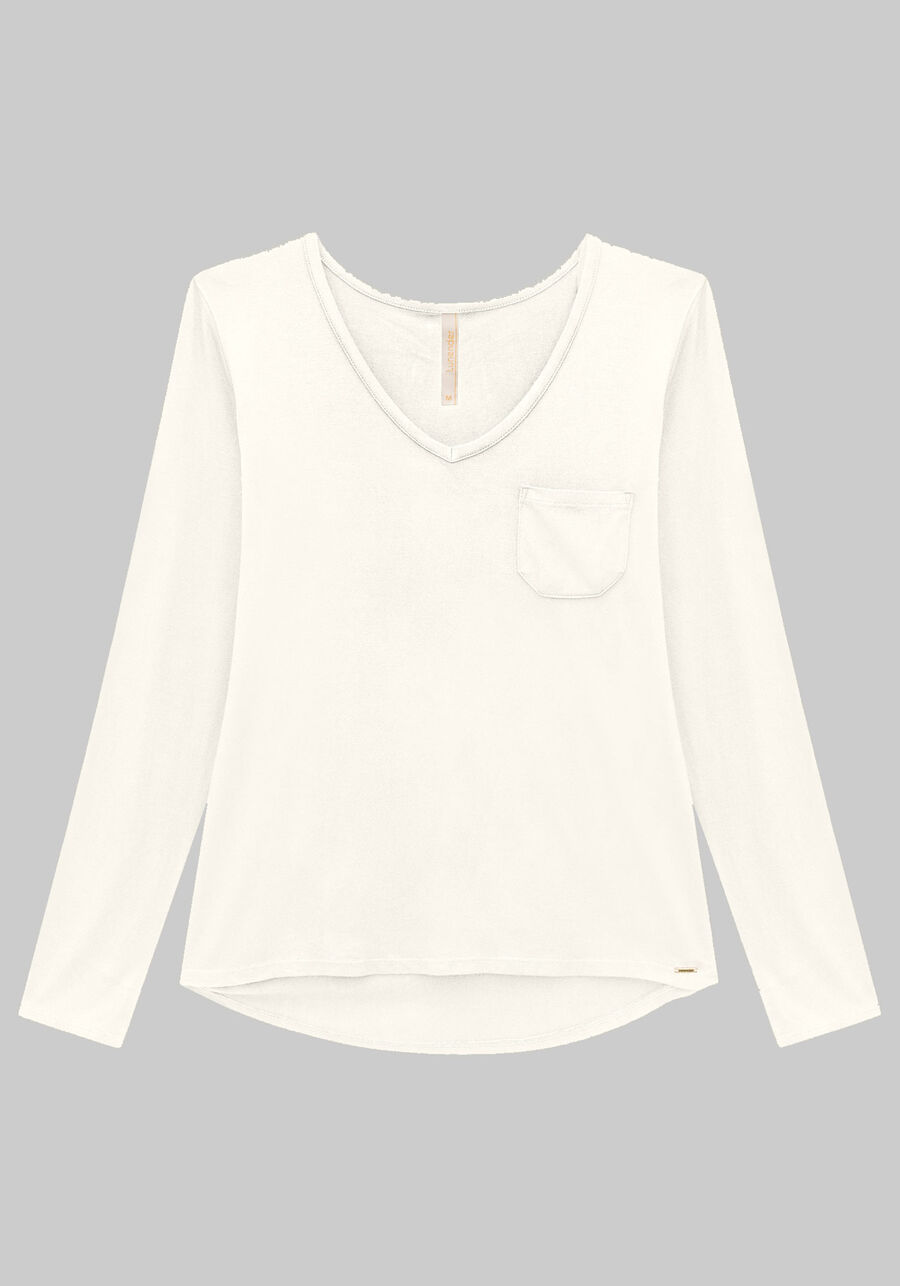 Blusa Manga Longa Básica com Bolso, BRANCO OFF WHITE, large.