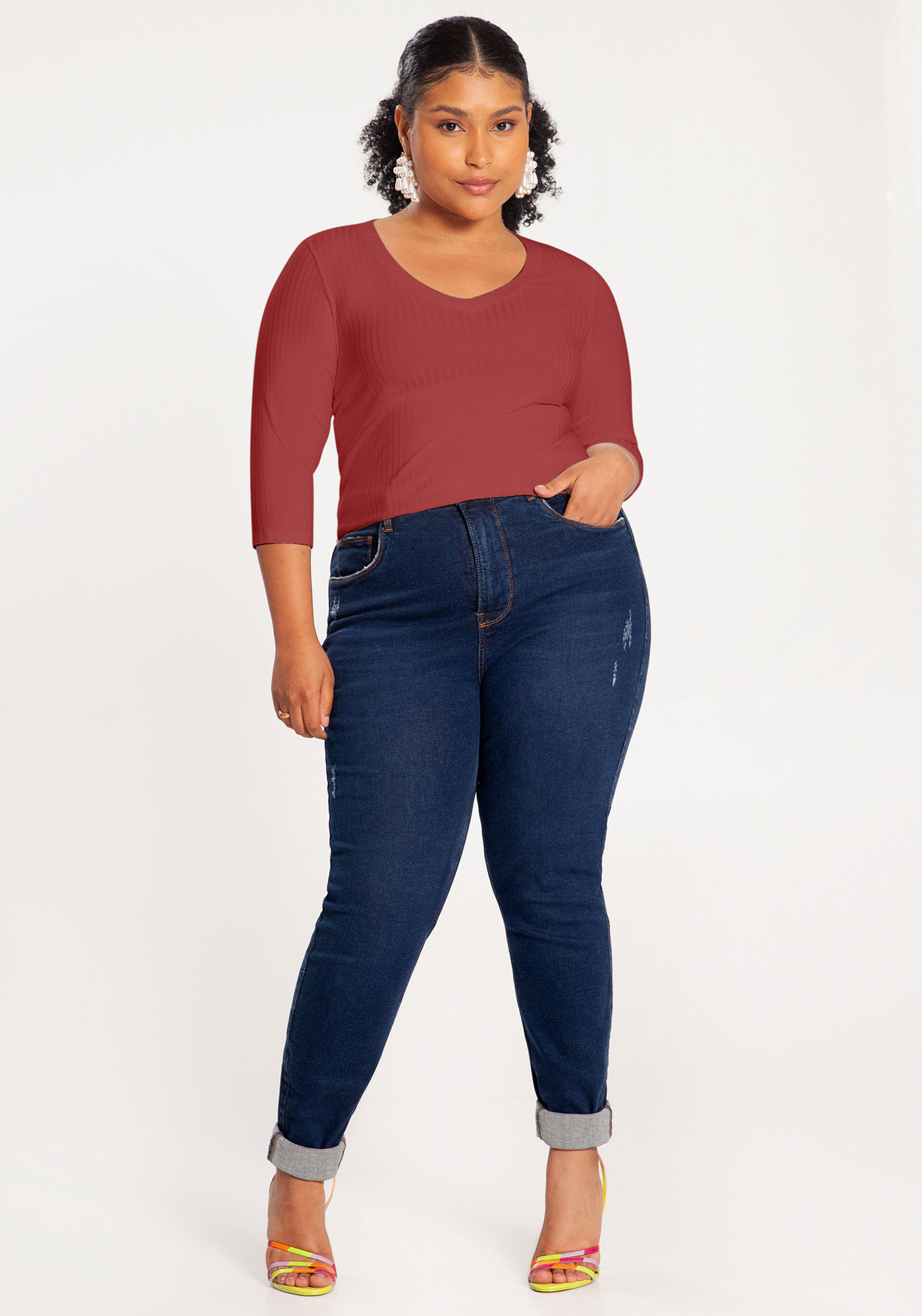 Blusa Plus Size Canelada Mangas 3/4 B&aacute;sica, VERMELHO CEDRO-ROSA, large.