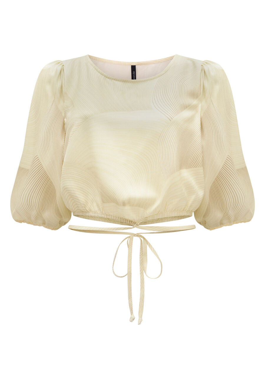 Blusa Cropped Estampada De Mangas Médias Com Amarração, AFETO OFF. Blusa Cropped Estampada De Mangas Médias Com Amarração, AFETO OFF, large.