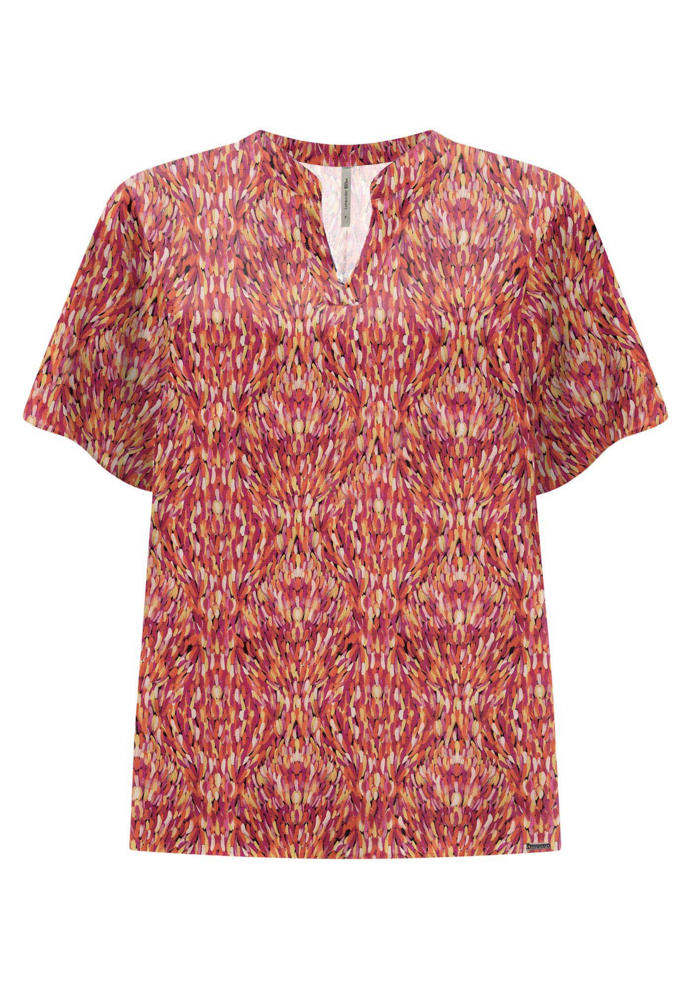 Blusa Estampada De Mangas Curtas Com Gola Padre Em Viscose, , large.