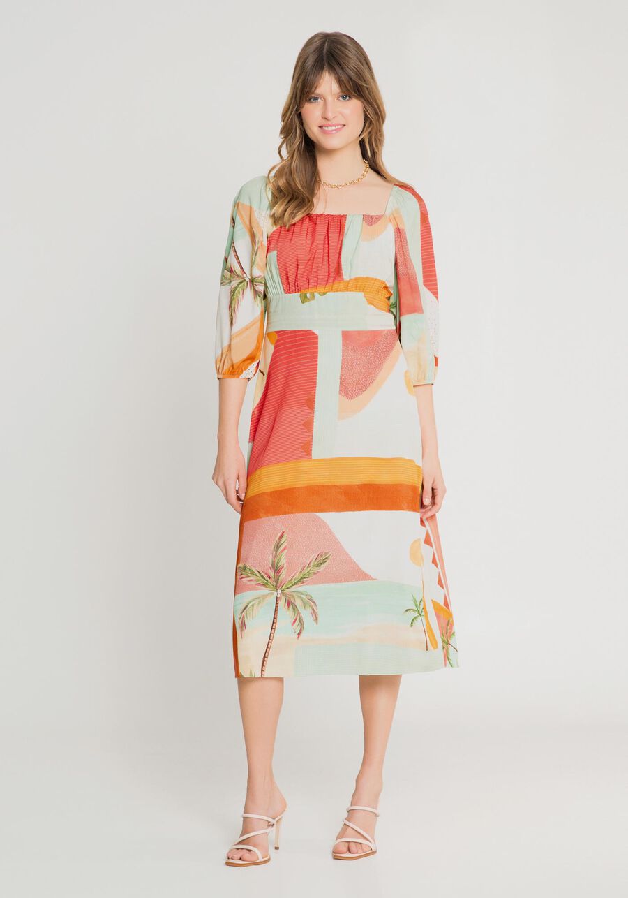 Vestido Midi em Viscose com Manga Bufante, . Vestido Midi em Viscose com Manga Bufante, , large.