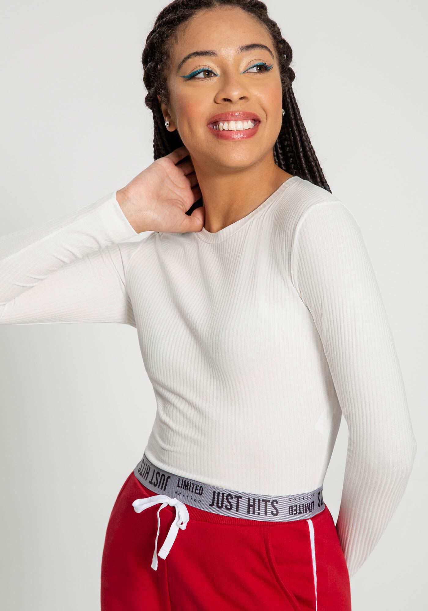 Blusa Cropped Canelada com El&aacute;stico Hits Juvenil, BRANCO OFF WHITE, large.