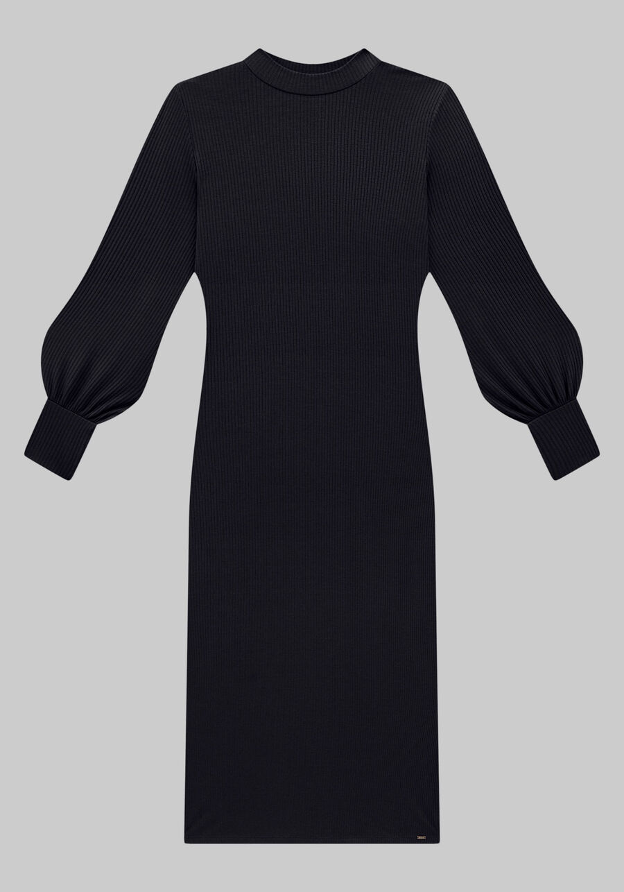 Vestido Midi Canelado com Manga Bufante, PRETO REATIVO. Vestido Midi Canelado com Manga Bufante, PRETO REATIVO, large.