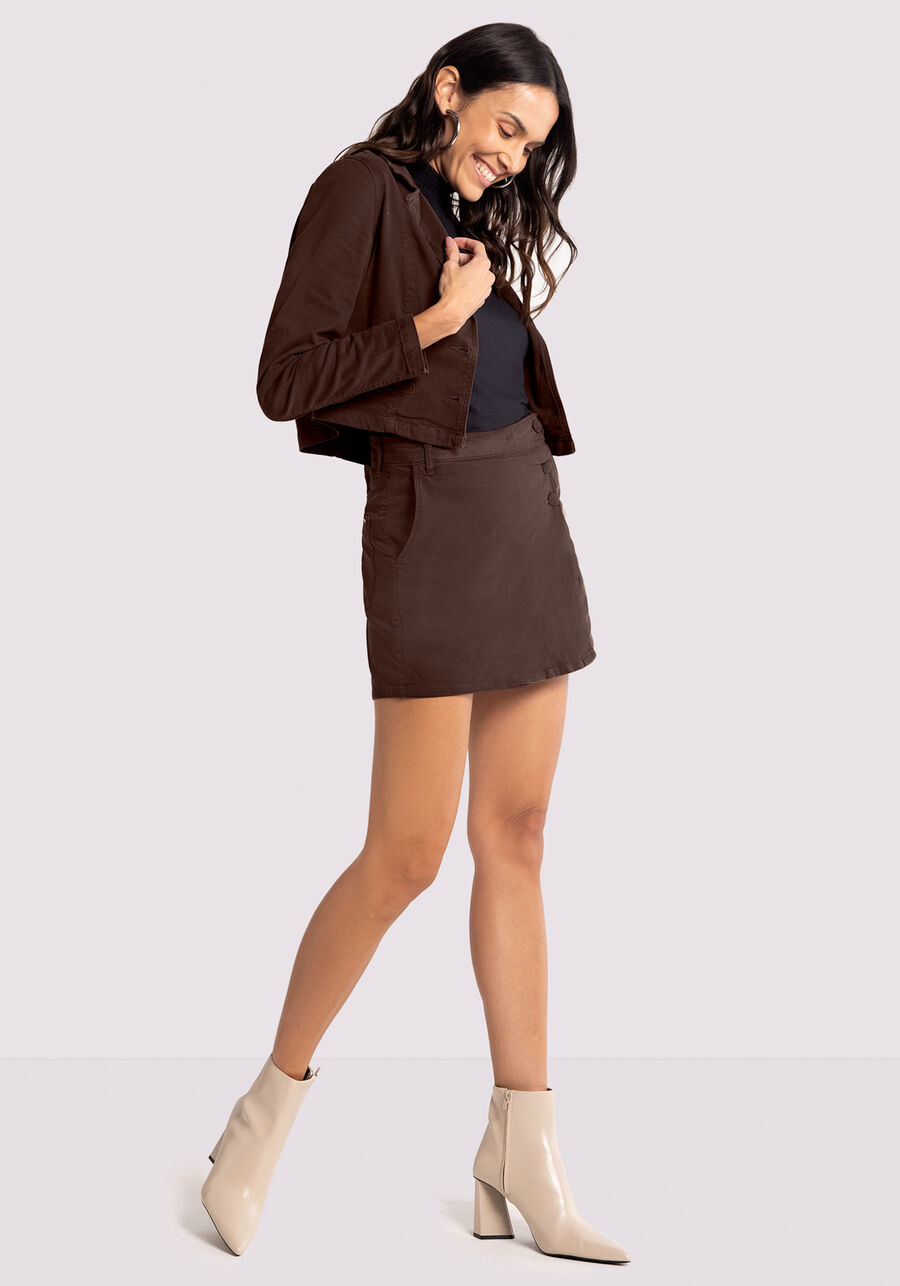 Shorts-Saia Sarja Alfaiataria com Cintura Alta, MARROM CARAMELLO. Shorts-Saia Sarja Alfaiataria com Cintura Alta, MARROM CARAMELLO, large.