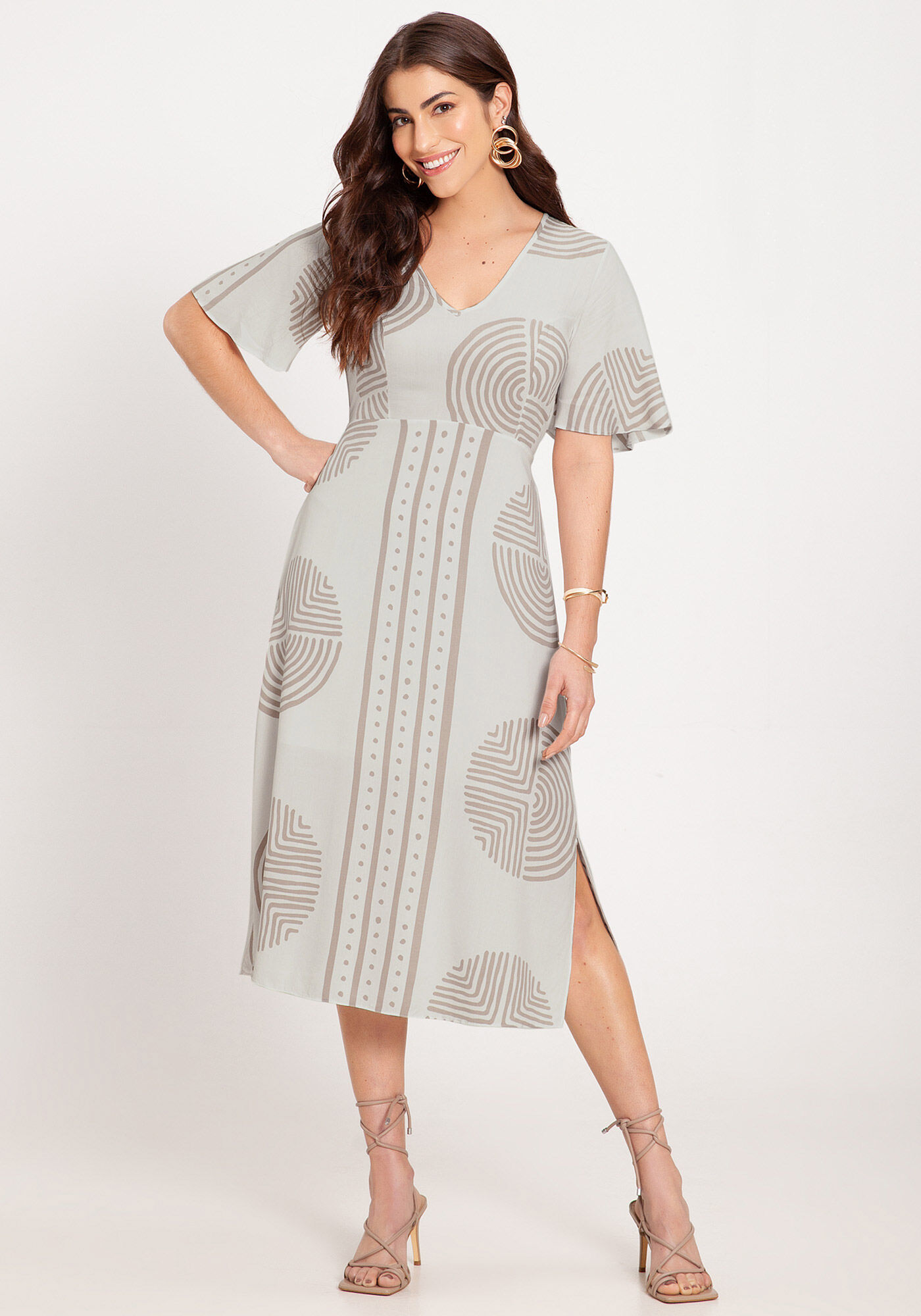 Vestido Midi Estampado em Viscose com Manga Flare Lunender