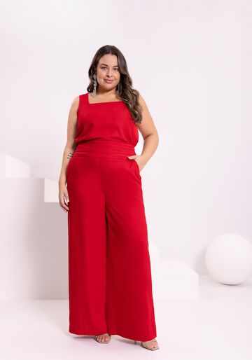 Calça Wide Leg Com Cintura Alta E Bolsos Em Tecido Linho, VERMELHO STRAWBERRY. Calça Wide Leg Com Cintura Alta E Bolsos Em Tecido Linho, VERMELHO STRAWBERRY, large.