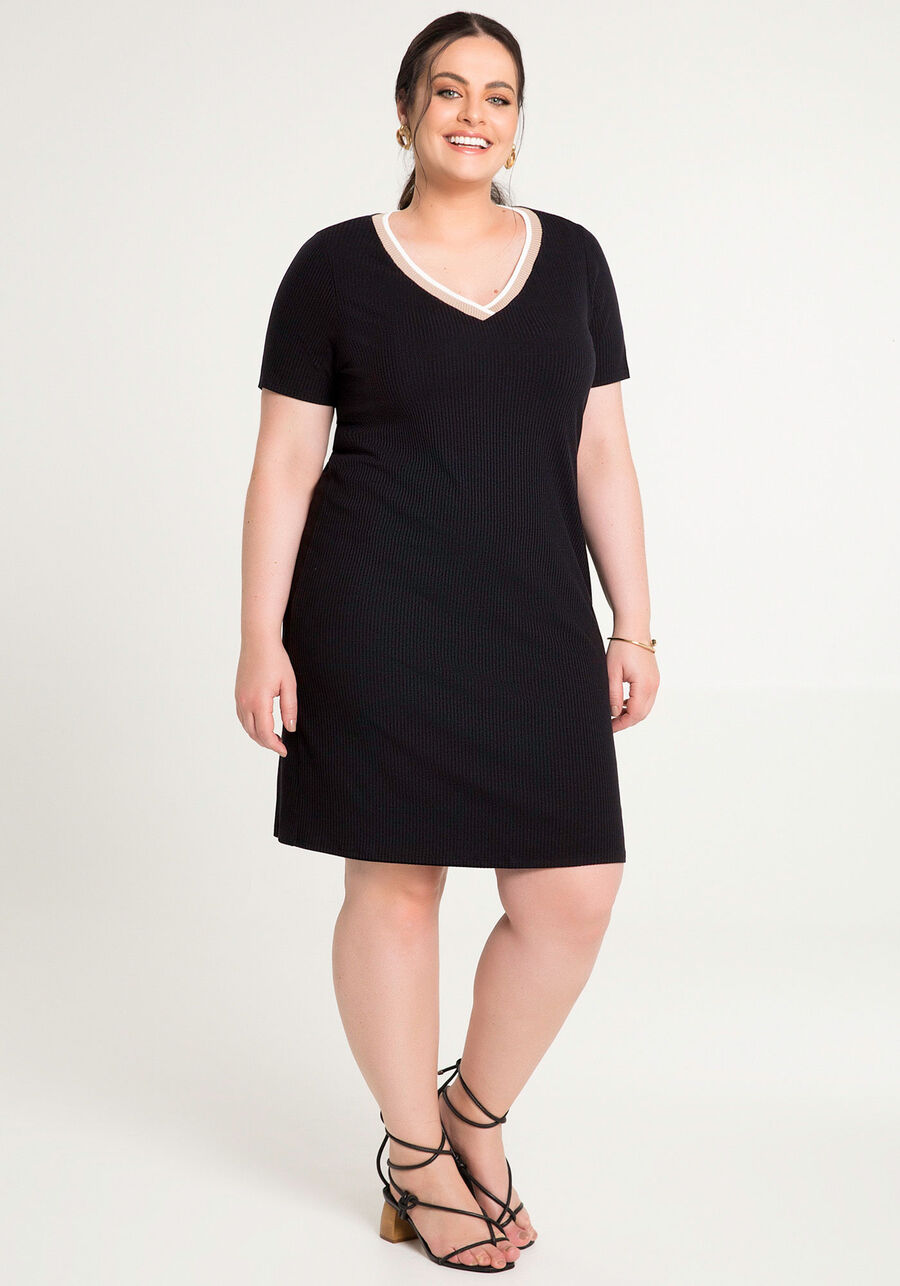 Vestido Curto Canelado com Decote V Retilínea, . Vestido Curto Canelado com Decote V Retilínea, , large.