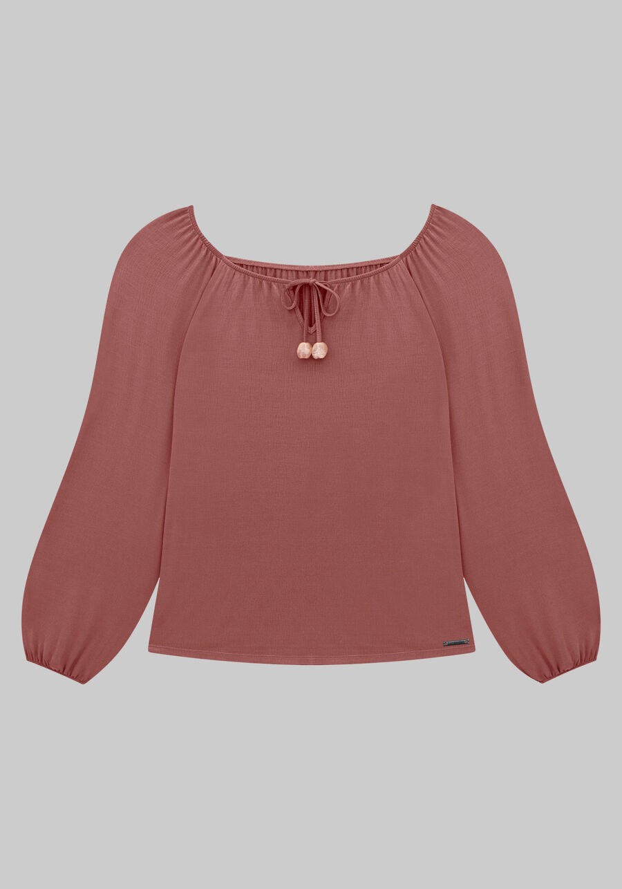 Blusa Manga Longa Bufante Plus Size com Amarração, BORDO BATAVO. Blusa Manga Longa Bufante Plus Size com Amarração, BORDO BATAVO, large.