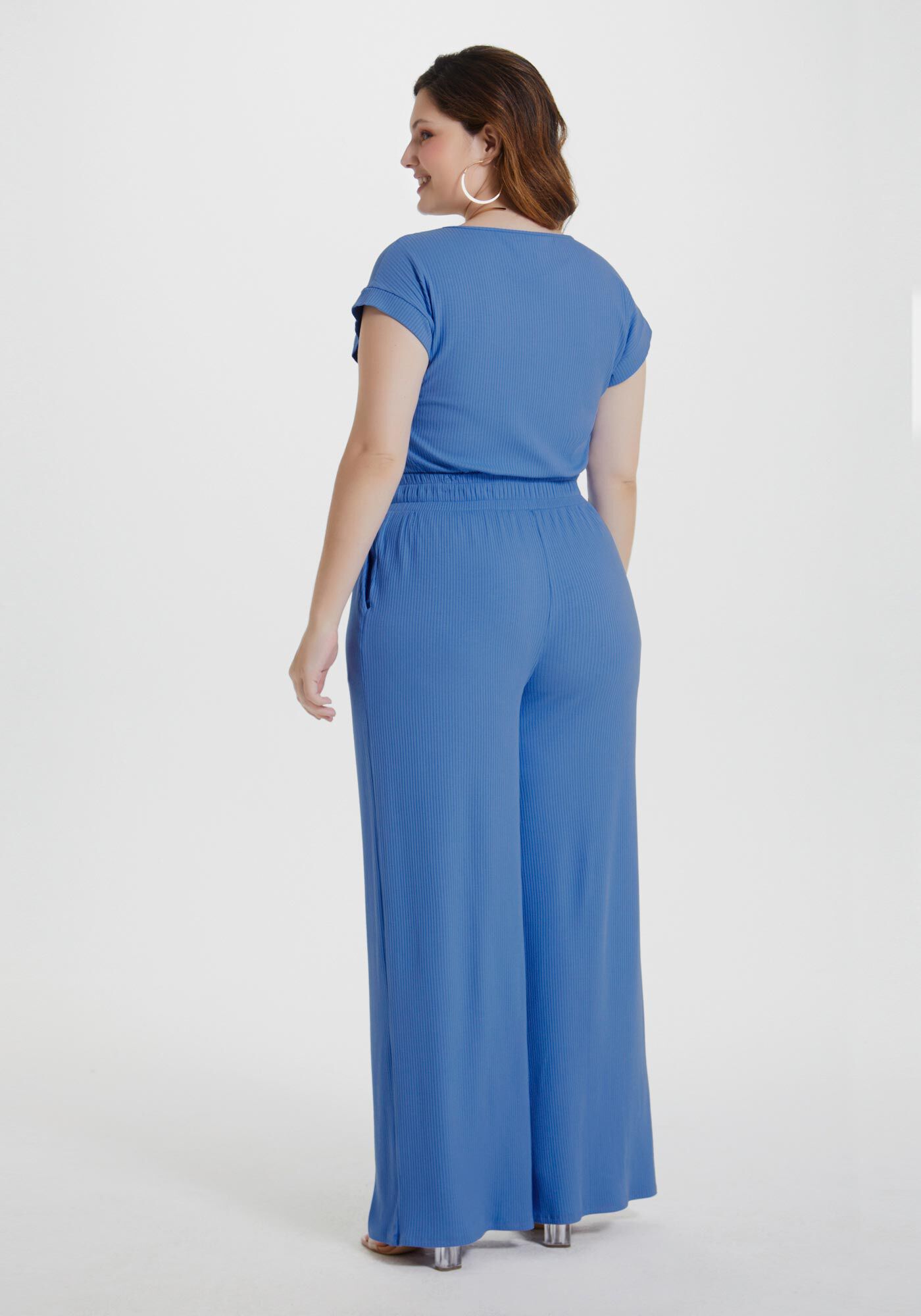 Conjunto Plus Size Canelado com Blusa e Cal&ccedil;a, AZUL WATER, large.